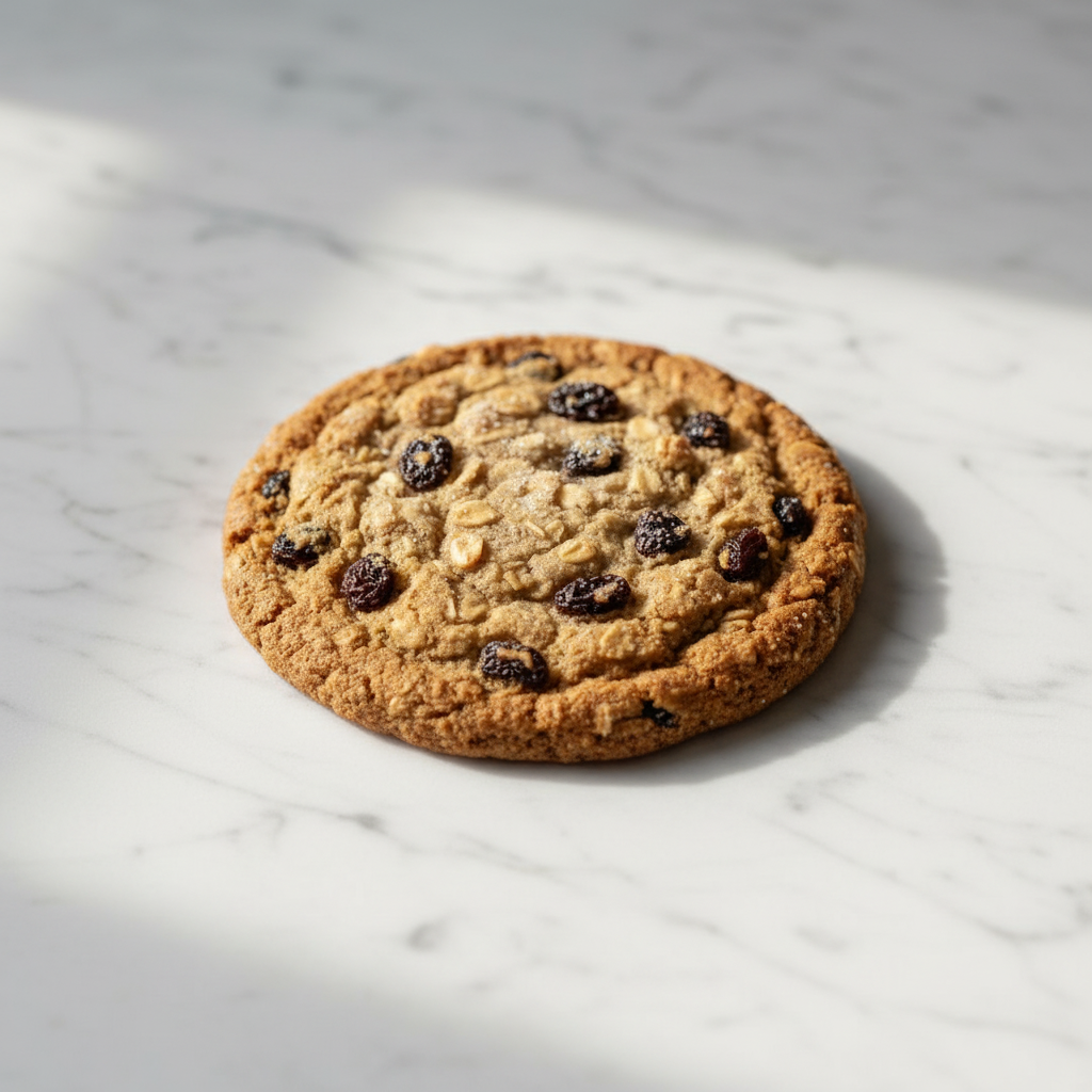 A single round oatmeal raisin cookie with visible oats and dark raisins, photographed on a white marble surface with soft natural shadows.


