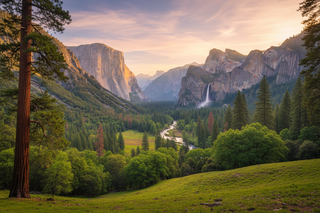 Yosemite valley view with redwoods
